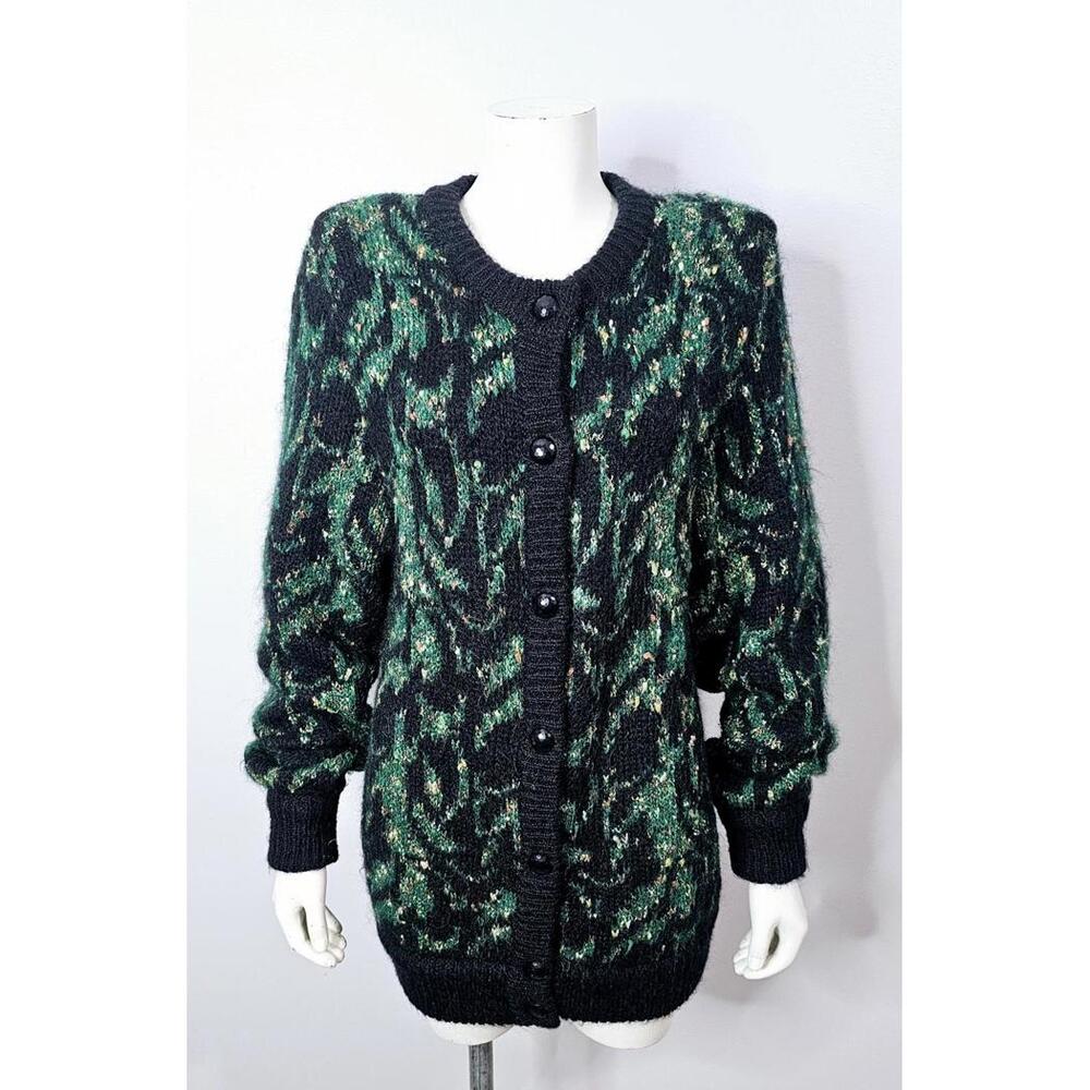 Vintage 1980s Black and Green Mohair Cardigan Sweater Jacket